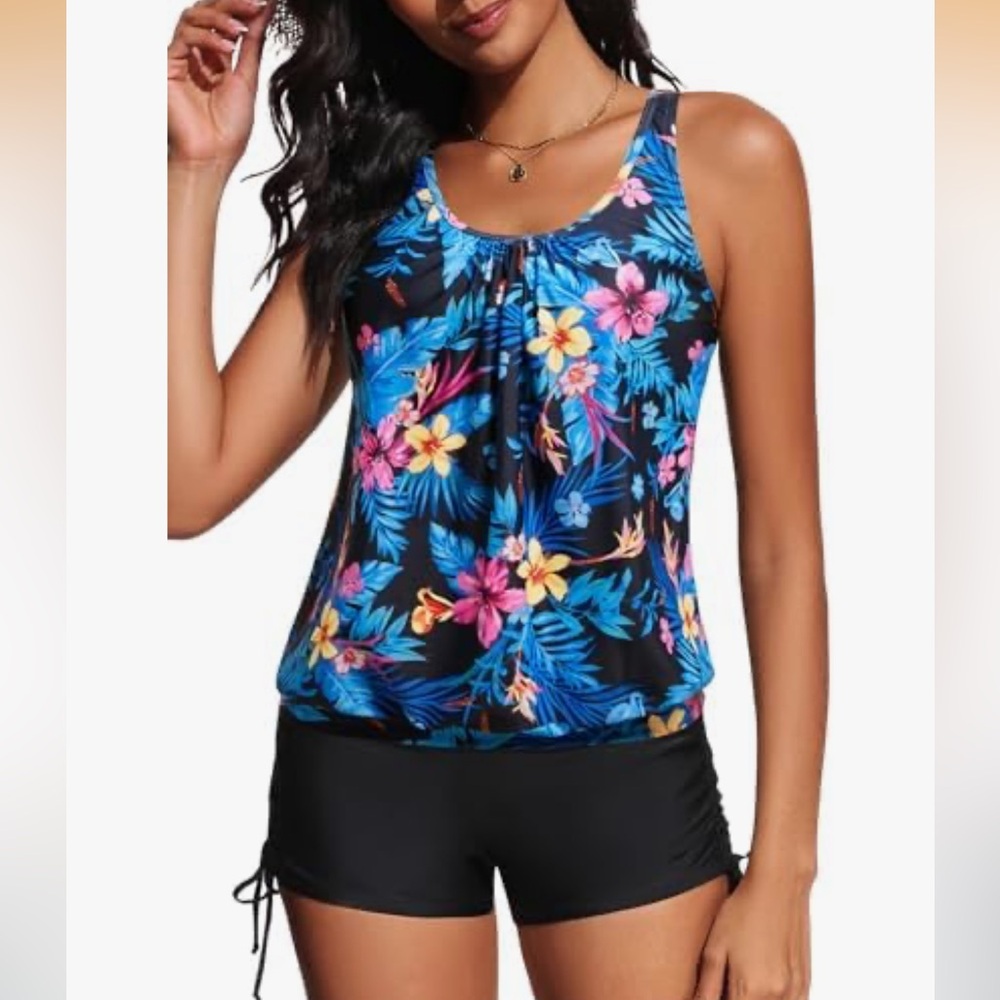 Yonique Blouson Tankini Tops with Boyshorts Modest Loose Fit Swimwear
